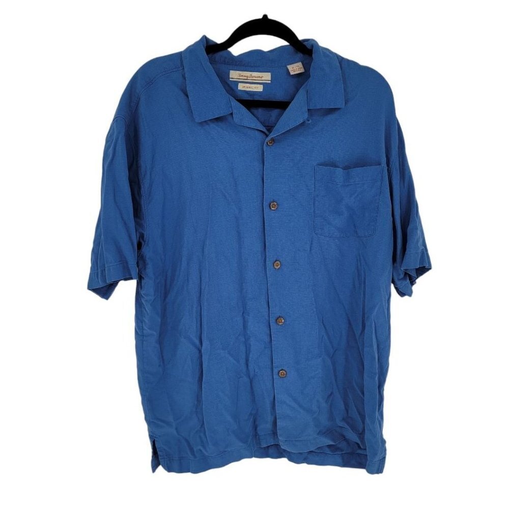 Tommy Bahama mens XL Blue button up short sleeve original fit 100% silk